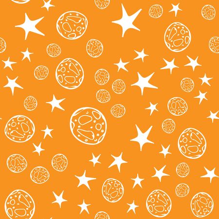 Black moon star seamless Halloween on orange background. Night stars pattern background. Baby illustration. Space travel. Astronomy galaxy illustration.のイラスト素材