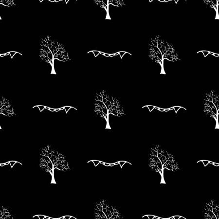 Sketch Halloween trees and vampire teeth seamless outline. Halloween trees and vampire teeth seamless outline in a hand-drawn style. October harvest background.のイラスト素材