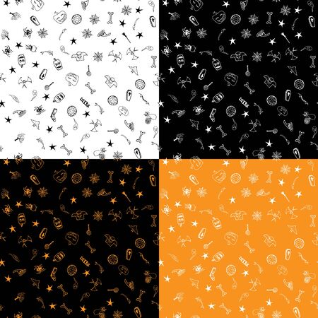 Halloween doodle seamless pattern set isolated on four backgrounds. Outline set of seamless pattern with black Halloween doodle elements. Outline collection. Hand drawn sketch magician collection.のイラスト素材