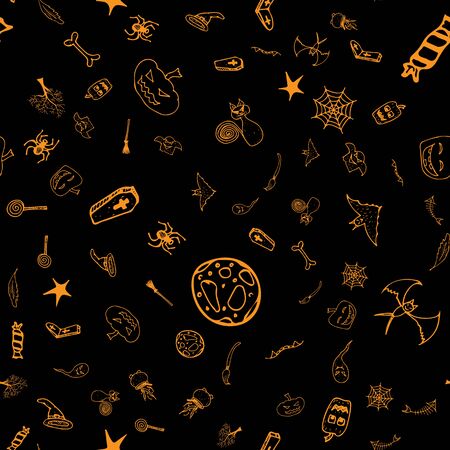 Halloween doodle seamless pattern set isolated on black background. Outline set of seamless pattern with black Halloween doodle elements. Outline collection. Hand drawn sketch magician collection.のイラスト素材