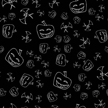 Bat and pumpkin seamless Halloween outline in the abstract style. Bats and pumpkins seamless pattern Halloween outline on black background. Holiday decoration. Line vector. Doodle wallpaper.のイラスト素材