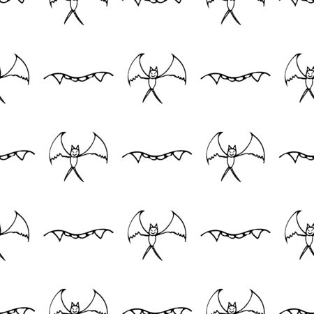 Bat and teeth seamless Halloween outline in the abstract style. Black bat and teeth seamless Halloween outline on white background. Holiday decoration. Doodle wallpaper. Wildlife setのイラスト素材