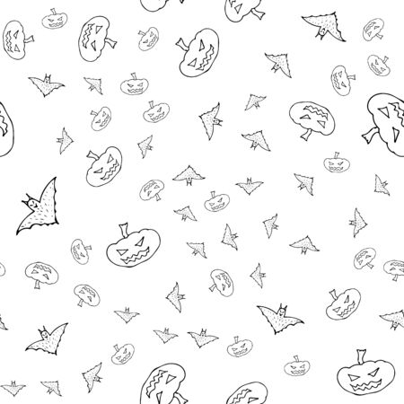 Bat and pumpkin seamless Halloween outline in the abstract style. Bats and pumpkins seamless pattern Halloween outline on white background. Holiday decoration. Doodle wallpaper.のイラスト素材