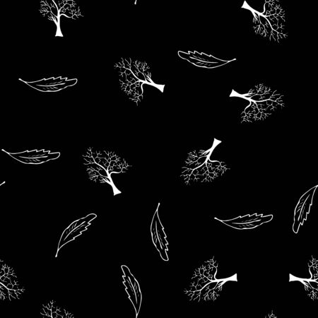 Hand drawn a seamless pattern of engraved oak leaves and trees isolated on black background. Vintage doodle seamless pattern of oak leaves and trees.のイラスト素材
