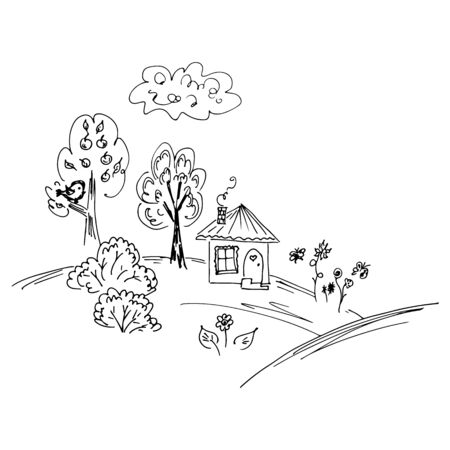 Sketch of countryside house surrounded by trees.のイラスト素材