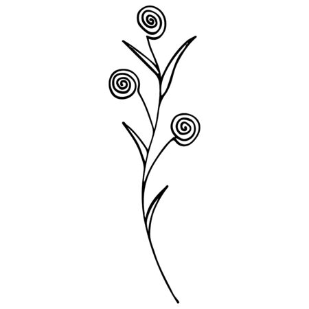 Line art flowers outline icon in hand drawn style. Vintage floral icon, great design for any purposes. Black flowers on white background. Ink line drawn tropical leaves.のイラスト素材