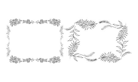 Tropical hand-drawn floral rectangular shaped frames. Outline set. Jungle illustration. Floral set. Vector isolated collection. Natural spring wedding card. Summer tropical leaf. Botanical frames.のイラスト素材