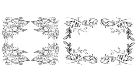 Tropical hand-drawn floral rectangular shaped frames. Outline set. Jungle illustration. Floral set. Vector isolated collection. Natural spring wedding card. Summer tropical leaf. Botanical frames.のイラスト素材