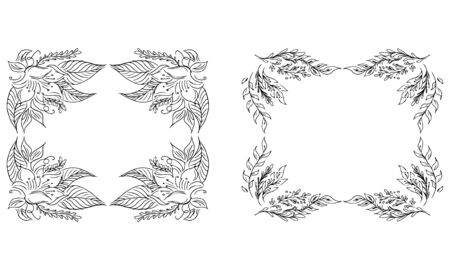 Tropical hand-drawn floral rectangular shaped frames. Outline set. Jungle illustration. Floral set. Vector isolated collection. Natural spring wedding card. Summer tropical leaf. Botanical frames.のイラスト素材