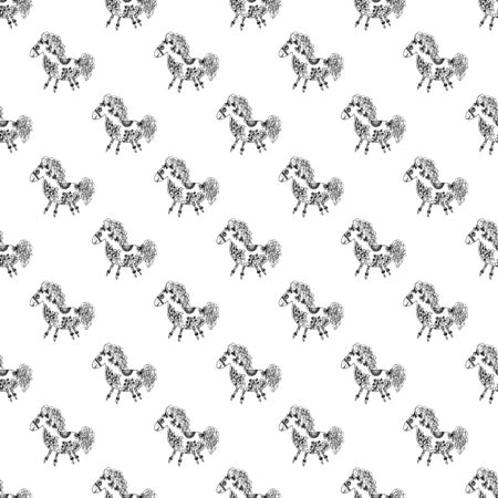 Seamless pattern of outline horse. Doodle seamless pattern of outline horse with floral elements on white background. Child illustration. Floral ornament. Vector design. Vector illustration.のイラスト素材