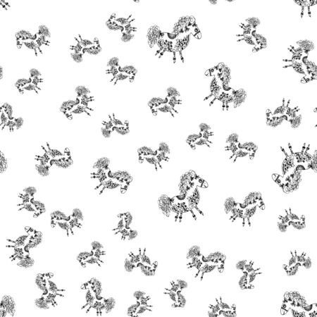 Seamless pattern of outline horse. Doodle seamless pattern of outline horse with floral elements on white background. Child illustration. Floral ornament. Vector design. Vector illustration.のイラスト素材