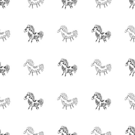 Seamless pattern of outline horse. Doodle seamless pattern of outline horse with floral elements on white background. Child illustration. Floral ornament. Vector design. Vector illustration.のイラスト素材