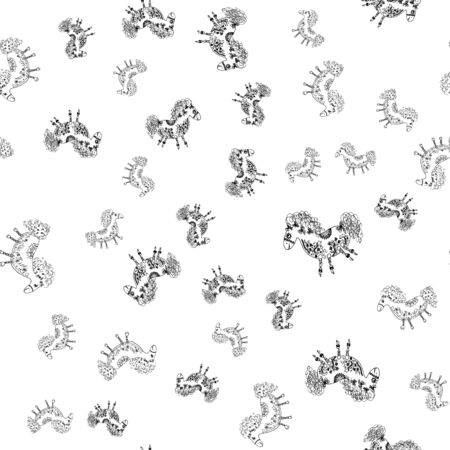 Seamless pattern of outline horse. Doodle seamless pattern of outline horse with floral elements on white background. Child illustration. Floral ornament. Vector design. Vector illustration.のイラスト素材