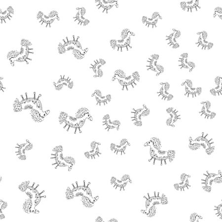 Seamless pattern of outline horse. Doodle seamless pattern of outline horse with floral elements on white background. Child illustration. Floral ornament. Vector design. Vector illustration.のイラスト素材