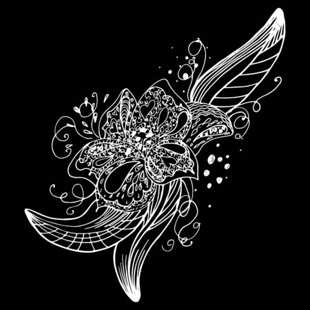 Engraved hand drawn abstract orchid. Retro flowers hand outline orchid, great design for any purposes. Outline vector. Nature background. Tropical plant. Floral design. Abstract art background.のイラスト素材