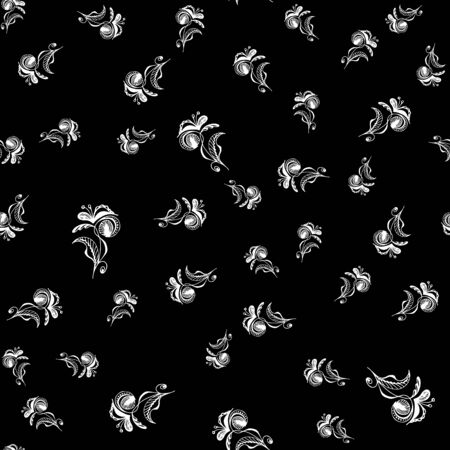 Seamless pattern of summer tropical flowers. Floral botanical seamless pattern isolated on black. Hand drawn vector illustration. Botanical Hawaii nature. Tropical leaf. Hawaiian vector illustration.のイラスト素材