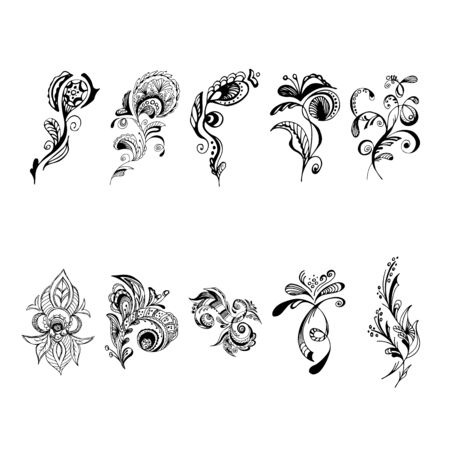 Set of summer tropical flowers. Floral botanical flower set isolated on black background. Hand drawn vector collection. Botanical Hawaii nature. Tropical palm icon. Hawaiian vector tattooのイラスト素材
