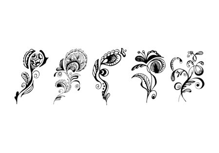Set of summer tropical flowers. Floral botanical flower set isolated on black background. Hand drawn vector collection. Botanical Hawaii nature. Tropical palm icon. Hawaiian vector tattooのイラスト素材
