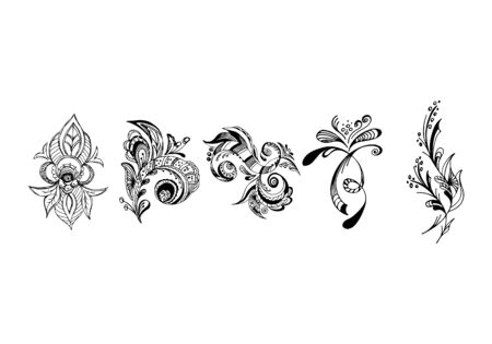 Set of summer tropical flowers. Floral botanical flower set isolated on black background. Hand drawn vector collection. Botanical Hawaii nature. Tropical palm icon. Hawaiian vector tattooのイラスト素材