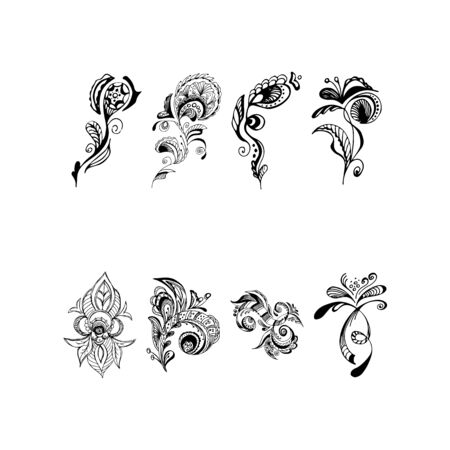 Set of summer tropical flowers. Floral botanical flower set isolated on black background. Hand drawn vector collection. Botanical Hawaii nature. Tropical palm icon. Hawaiian vector tattooのイラスト素材