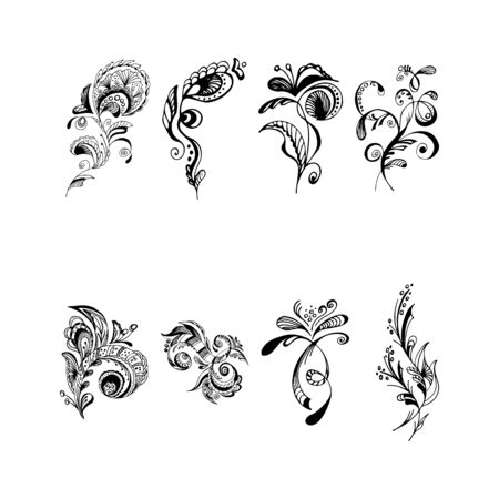 Set of summer tropical flowers. Floral botanical flower set isolated on black background. Hand drawn vector collection. Botanical Hawaii nature. Tropical palm icon. Hawaiian vector tattooのイラスト素材