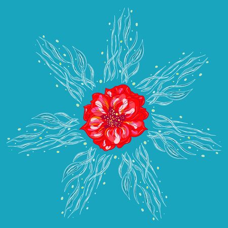 Summer tropical flower. Floral botanical flower isolated on blue background. Hand drawn vector illustration. Botanical hawaii nature. Tropical leaf palm icon. Hawaiian vector tattoo illustration.のイラスト素材