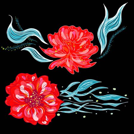 Set of summer colorful tropical flowers. Floral botanical flower set isolated on black background. Hand drawn vector collection. Botanical Hawaii nature. Tropical palm icon. Hawaiian illustration.のイラスト素材