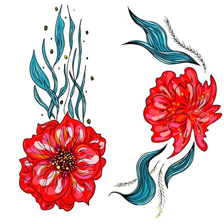 Set of summer colorful tropical flowers. Floral botanical flower set isolated on black background. Hand drawn vector collection. Botanical Hawaii nature. Tropical palm icon. Hawaiian illustration.のイラスト素材