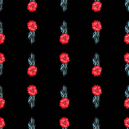 Seamless pattern of summer tropical flowers. Floral botanical flower isolated on black background. Hand drawn vector illustration. Botanical hawaii nature. Tropical leaf icon. Hawaiian illustration.のイラスト素材