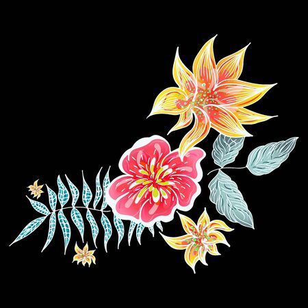 Set of summer colorful tropical flowers. Floral botanical flower set isolated on black background. Hand drawn vector collection. Botanical Hawaii nature. Tropical palm icon. Hawaiian illustration.のイラスト素材