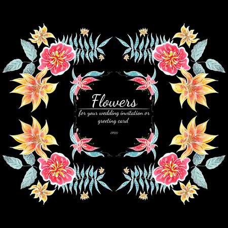 Tropical set of hand drawn floral frames. Jungle foliage illustration. Floral set. Hand drawing. Vector collection, isolated. Natural spring wedding card. Summer tropical leaf. Botanical frame.のイラスト素材