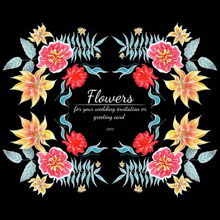 Tropical set of hand drawn floral frames. Jungle foliage illustration. Floral set. Hand drawing. Vector collection, isolated. Natural spring wedding card. Summer tropical leaf. Botanical frame.のイラスト素材