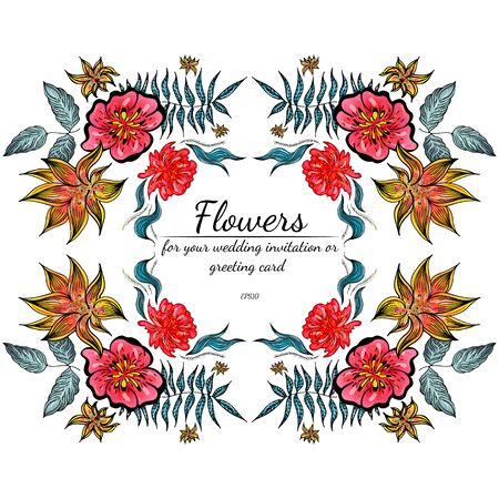 Tropical set of hand drawn floral frames. Jungle foliage illustration. Floral set. Hand drawing. Vector collection, isolated. Natural spring wedding card. Summer tropical leaf. Botanical frame.のイラスト素材