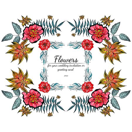 Tropical set of hand drawn floral frames. Jungle foliage illustration. Floral set. Hand drawing. Vector collection, isolated. Natural spring wedding card. Summer tropical leaf. Botanical frame.のイラスト素材