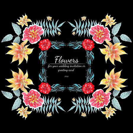 Tropical set of hand drawn floral frames. Jungle foliage illustration. Floral set. Hand drawing. Vector collection, isolated. Natural spring wedding card. Summer tropical leaf. Botanical frame.のイラスト素材