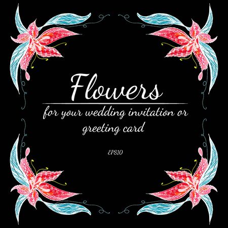 Tropical set of hand drawn floral frames. Jungle foliage illustration. Floral set. Hand drawing. Vector collection, isolated. Natural spring wedding card. Summer tropical leaf. Botanical frame.のイラスト素材