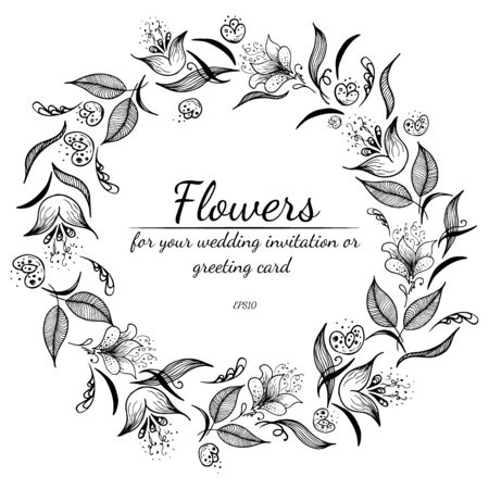 Tropical frame hand drawn. Jungle foliage illustration. Floral border. Hand drawing. Vector, isolated. Natural spring wedding card. Summer tropical leaf. Botanical frame. Line drawing.のイラスト素材