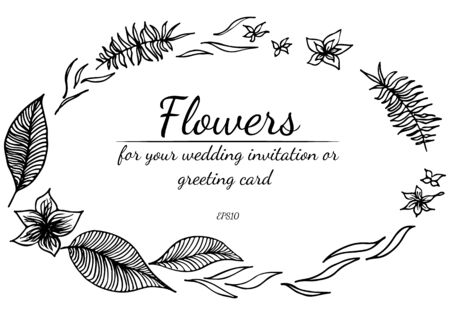 Tropical frame hand drawn. Jungle foliage illustration. Floral border. Hand drawing. Vector, isolated. Natural spring wedding card. Summer tropical leaf. Botanical frame. Line drawing.のイラスト素材