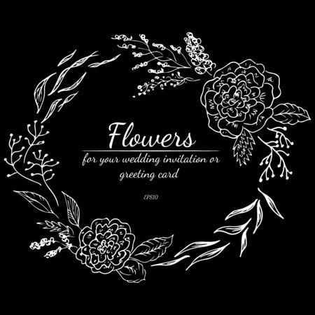 Tropical frame hand drawn. Jungle foliage illustration. Floral border. Hand drawing. Vector, isolated. Natural spring wedding card. Summer tropical leaf. Botanical frame. Line drawing.のイラスト素材