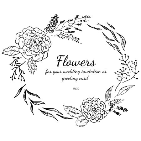 Tropical frame hand drawn. Jungle foliage illustration. Floral border. Hand drawing. Vector, isolated. Natural spring wedding card. Summer tropical leaf. Botanical frame. Line drawing.のイラスト素材