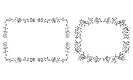 Tropical hand drawn floral frames. Outline set. Jungle foliage illustration. Floral set. Hand drawing. Vector isolated collection. Natural spring wedding card. Summer tropical leaf. Botanical frames.のイラスト素材