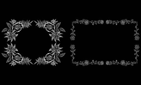Tropical hand drawn floral frames. Outline set. Jungle foliage illustration. Floral set. Hand drawing. Vector isolated collection. Natural spring wedding card. Summer tropical leaf. Botanical frames.のイラスト素材