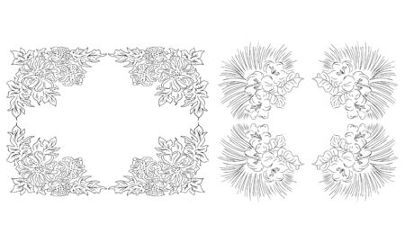 Tropical hand drawn floral frames. Outline set. Jungle foliage illustration. Floral set. Hand drawing. Vector isolated collection. Natural spring wedding card. Summer tropical leaf. Botanical frames.のイラスト素材