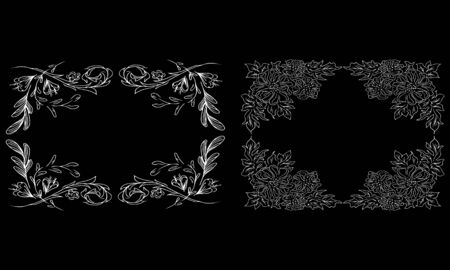 Tropical hand drawn floral frames. Outline set. Jungle foliage illustration. Floral set. Hand drawing. Vector isolated collection. Natural spring wedding card. Summer tropical leaf. Botanical frames.のイラスト素材