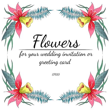 Tropical frame hand drawn. Jungle foliage illustration. Floral border. Hand drawing. Vector, isolated. Natural spring wedding card. Summer tropical leaf. Botanical frame. Line drawing.のイラスト素材