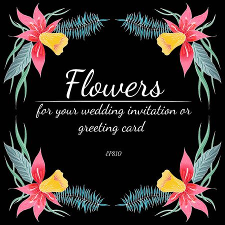 Tropical frame hand drawn. Jungle foliage illustration. Floral border. Hand drawing. Vector, isolated. Natural spring wedding card. Summer tropical leaf. Botanical frame. Line drawing.のイラスト素材
