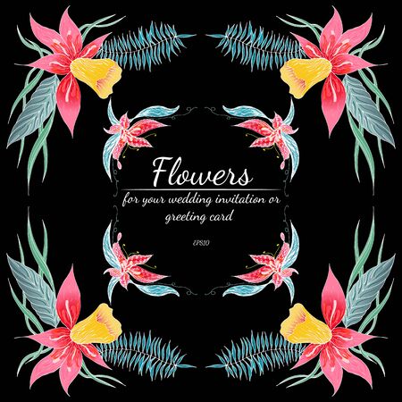 Tropical set of hand drawn orchid floral frames. Jungle foliage illustration. Floral set. Hand drawing. Vector collection, isolated. Natural spring wedding card. Summer tropical leaf. Botanical frame.のイラスト素材
