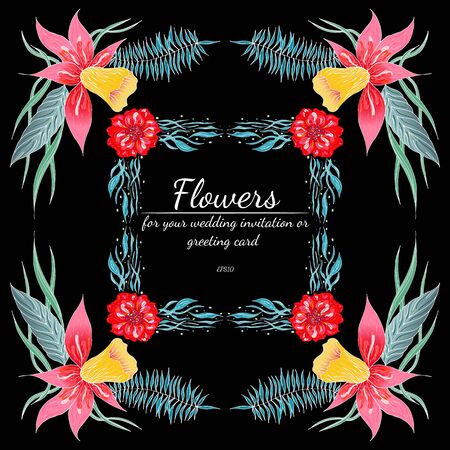 Tropical set of hand drawn orchid floral frames. Jungle foliage illustration. Floral set. Hand drawing. Vector collection, isolated. Natural spring wedding card. Summer tropical leaf. Botanical frame.のイラスト素材