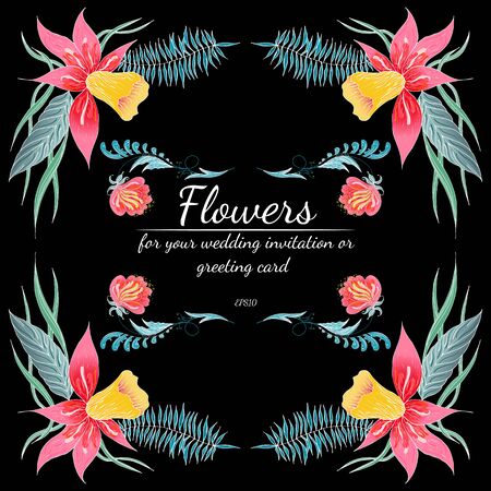 Tropical set of hand drawn orchid floral frames. Jungle foliage illustration. Floral set. Hand drawing. Vector collection, isolated. Natural spring wedding card. Summer tropical leaf. Botanical frame.のイラスト素材