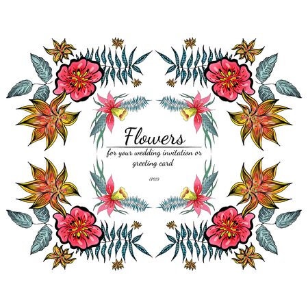Tropical set of hand drawn orchid floral frames. Jungle foliage illustration. Floral set. Hand drawing. Vector collection, isolated. Natural spring wedding card. Summer tropical leaf. Botanical frame.のイラスト素材